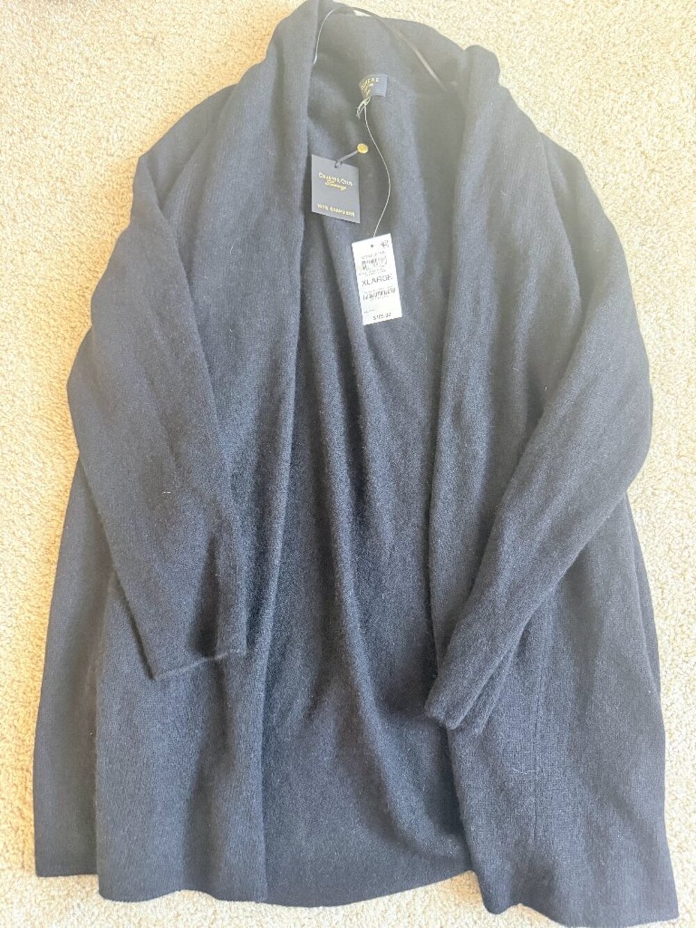 NWT Charter Club 100% Cashmere Black Shawl Collar Open Cardigan